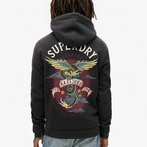 Superdry Eastern Asian Tattoo Graphic Fitted Hoodie Sweatshirt Size XLarge NWT